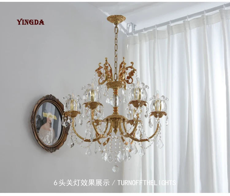 All Copper European Crystal Lamp, American Medieval Chandelier, French Living Room Lamp, Villa Classical Restaurant Lamp