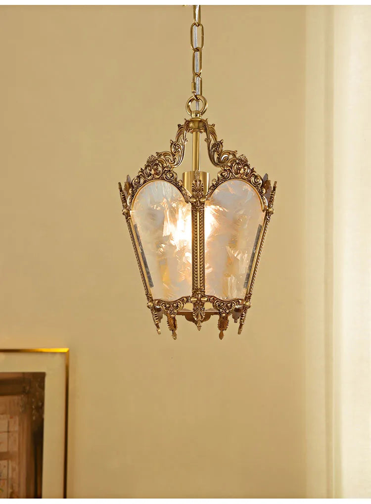 French-Style Retro Copper Ice Flower Glass Small Chandelier Bedside Balcony Porch Pendant Lighting Cloakroom Hanging Lamp