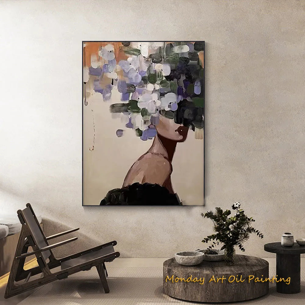 Hand Painted Abstract Woman Faceless Portrait Oil Painting Artwork Original Flower Figurative Art Home Decor
