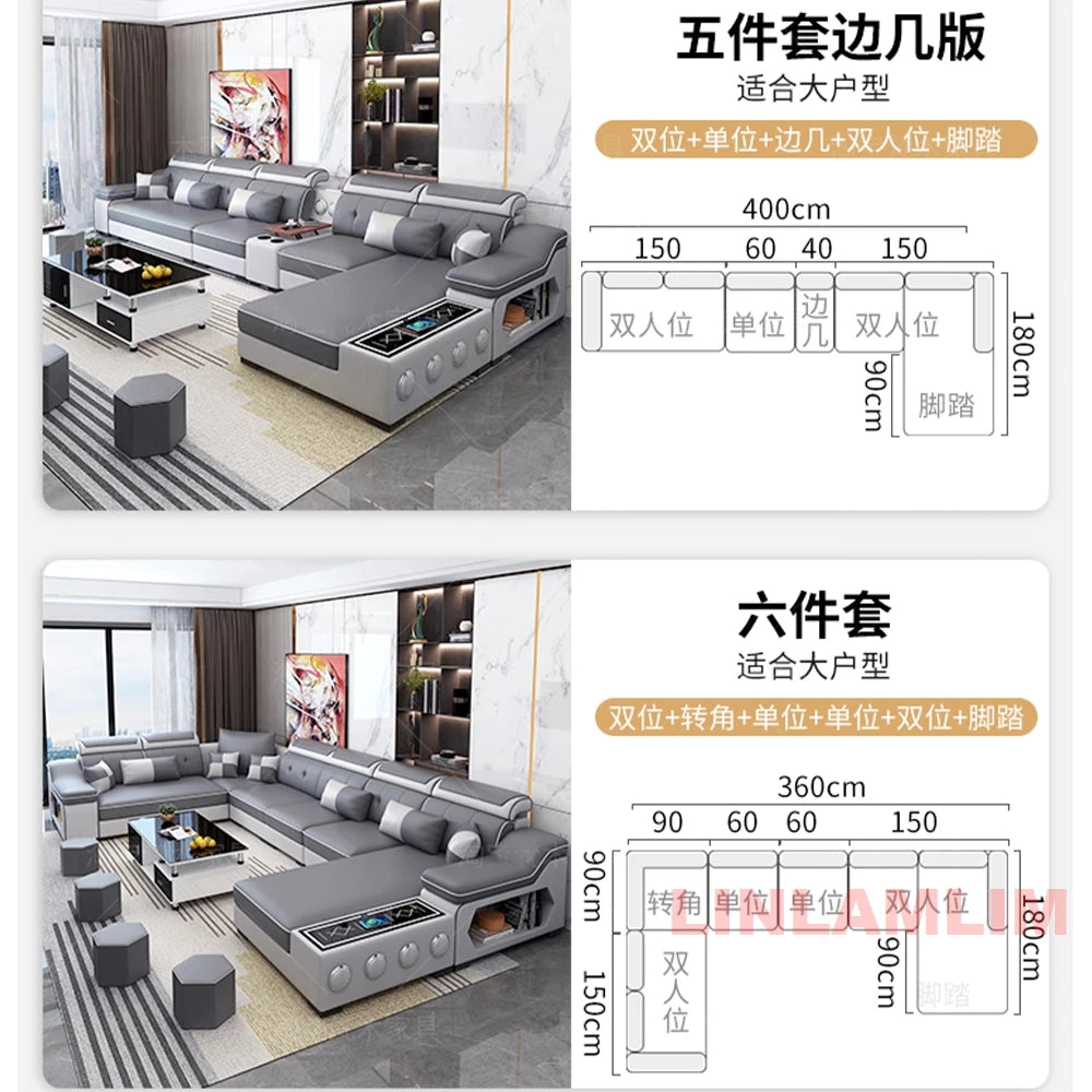 Modern Scientific Cloth Sectional Sofa Set with Chaise Lounge, Bluetooth Speakers, and USB Charging Ports for Living Room