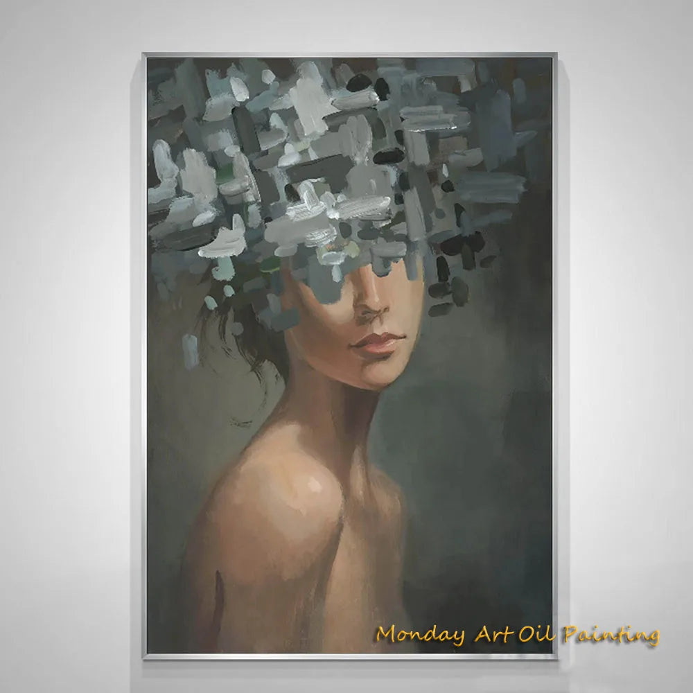 Hand Painted Abstract Woman Faceless Portrait Oil Painting Artwork Original Flower Figurative Art Home Decor