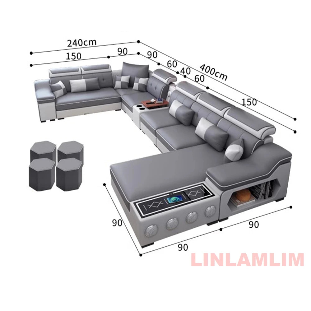 Modern Scientific Cloth Sectional Sofa Set with Chaise Lounge, Bluetooth Speakers, and USB Charging Ports for Living Room