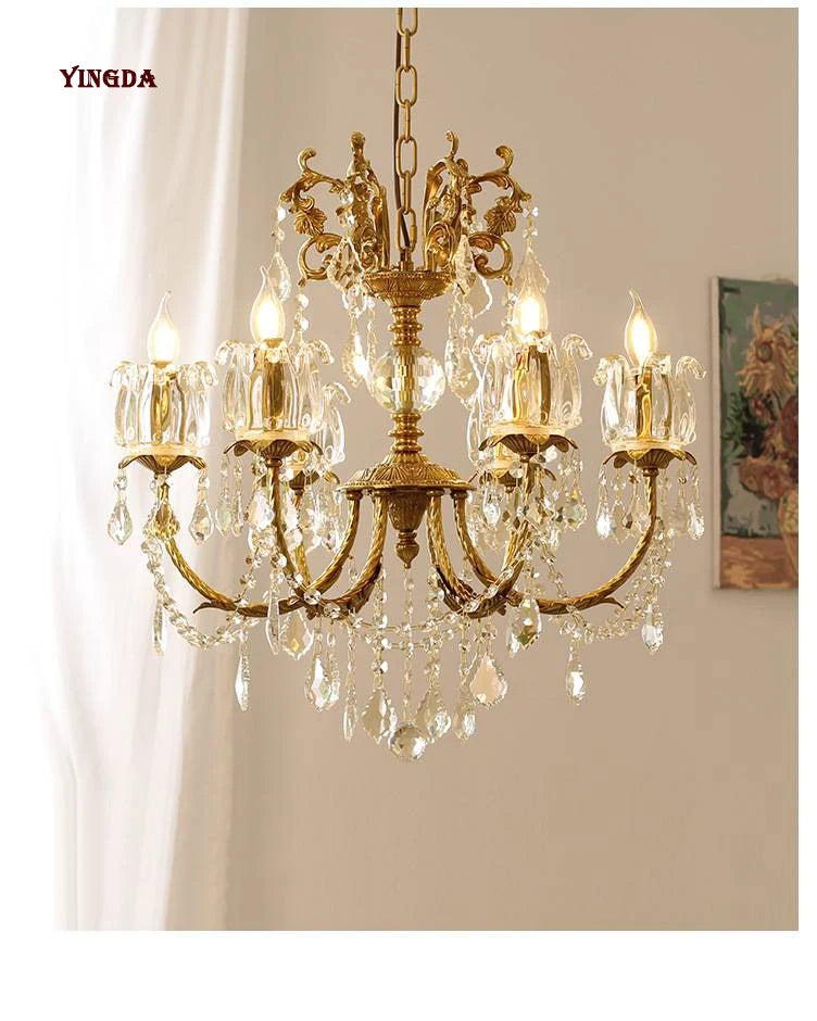 All Copper European Crystal Lamp, American Medieval Chandelier, French Living Room Lamp, Villa Classical Restaurant Lamp