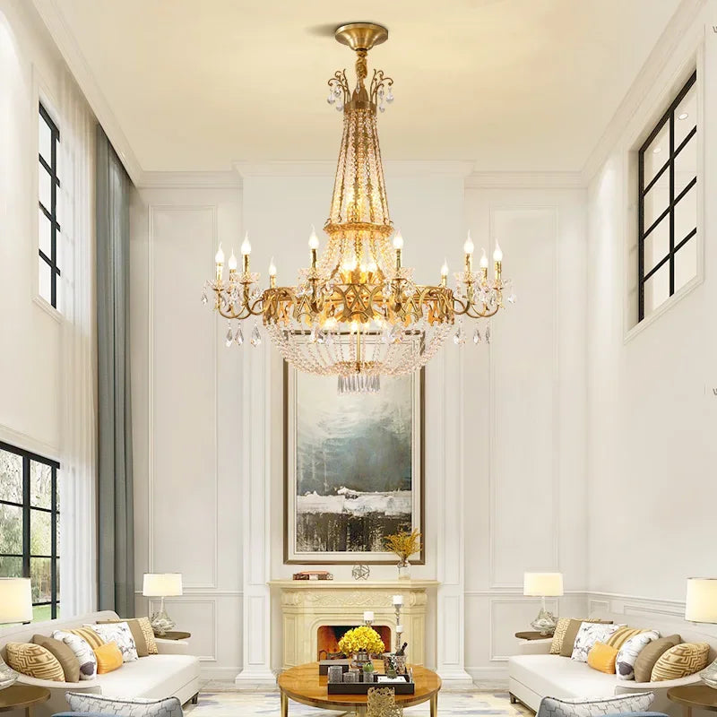 French Classical Brass Crystal Large Chandelier-Loft-Villa-Hall-Hotel Lobby Lamp