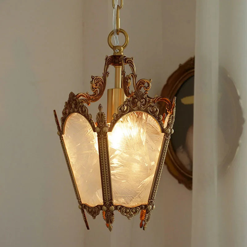 French-Style Retro Copper Ice Flower Glass Small Chandelier Bedside Balcony Porch Pendant Lighting Cloakroom Hanging Lamp
