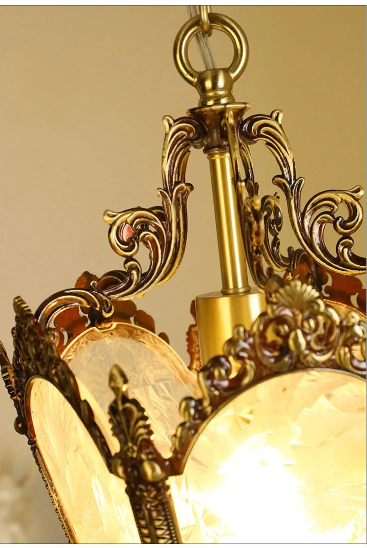 French-Style Retro Copper Ice Flower Glass Small Chandelier Bedside Balcony Porch Pendant Lighting Cloakroom Hanging Lamp