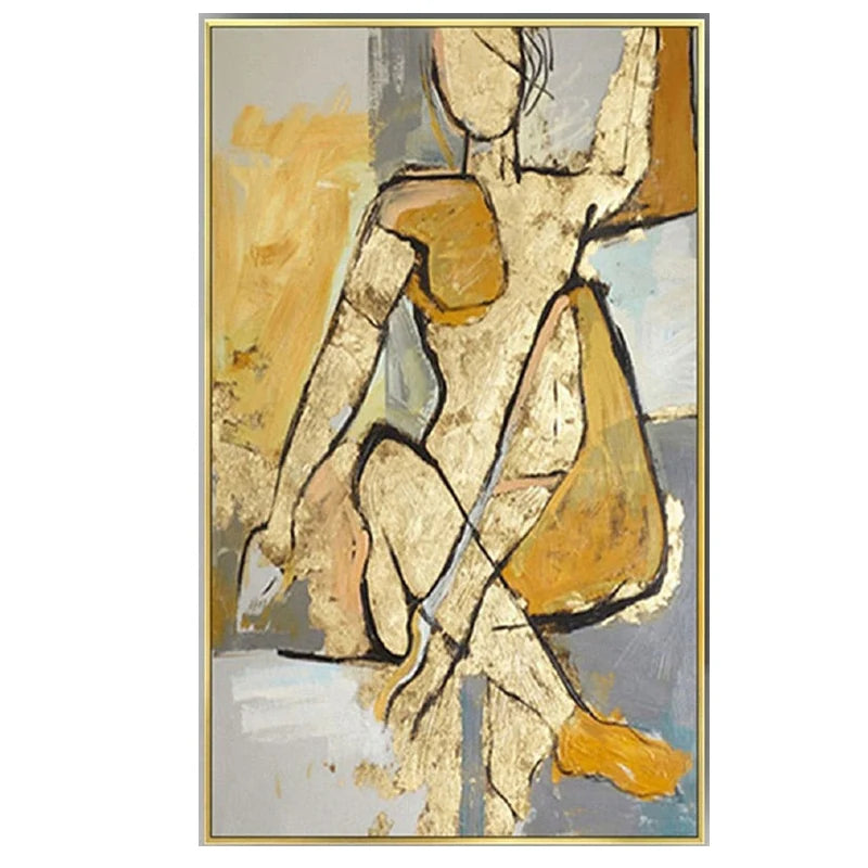 Golden Figure Outline 100% Hand Painted With Oil Large Modern Abstract Figures Wall Art