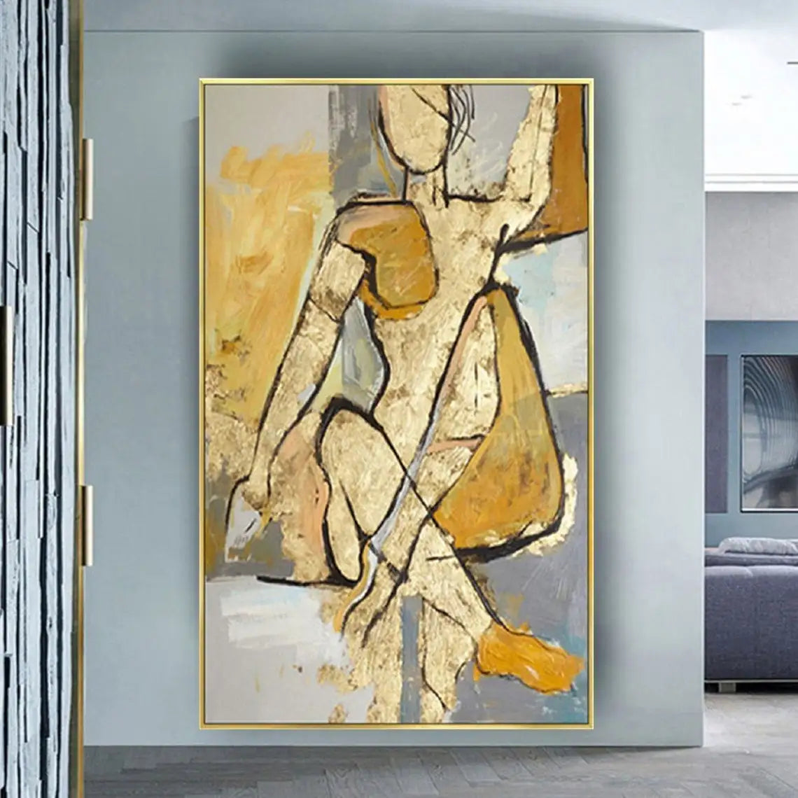 Golden Figure Outline 100% Hand Painted With Oil Large Modern Abstract Figures Wall Art