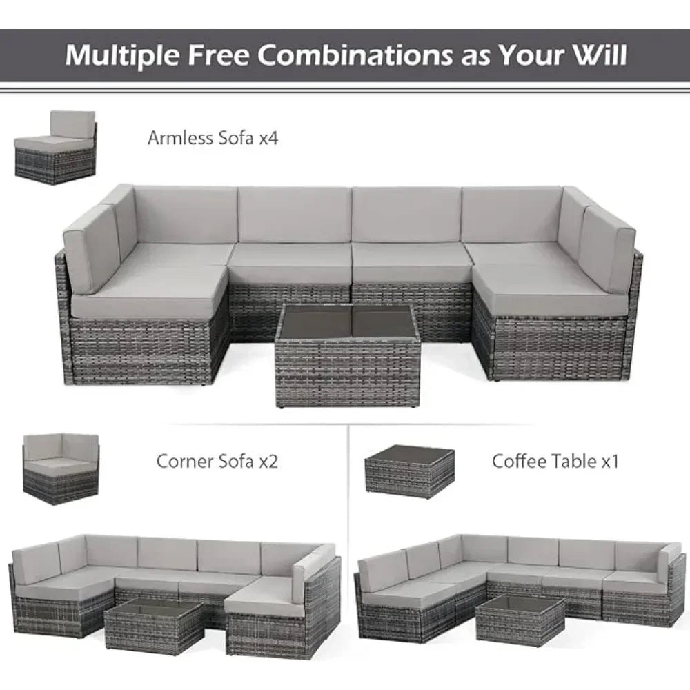7-Piece Patio Furniture Set-Modular Wicker Outdoor Sectional Sofa Rattan With Pillow-top Cushions and Coffee Table