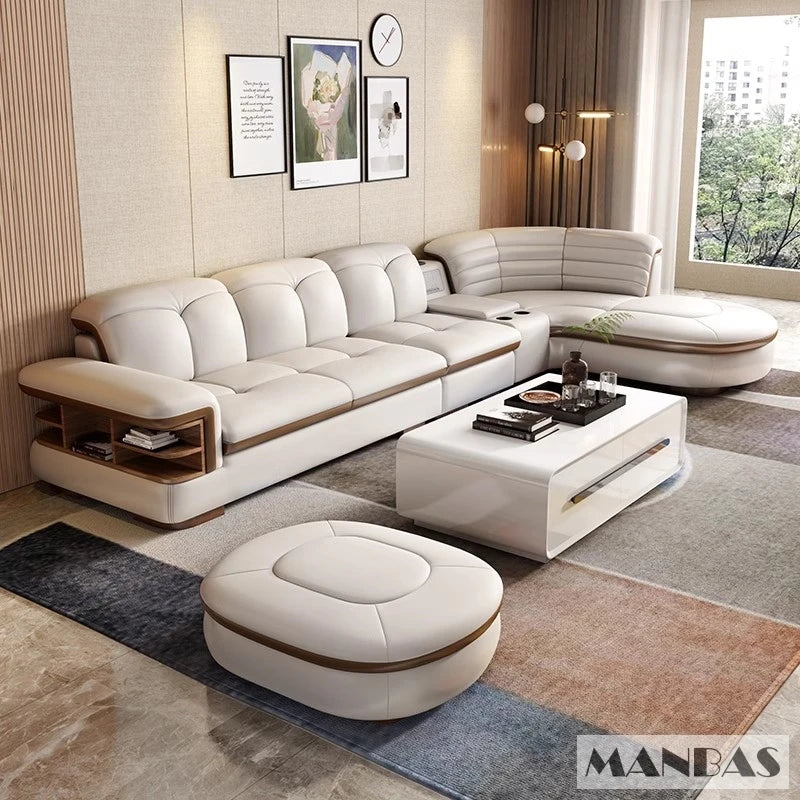 Luxury L-Shaped Genuine Leather Sectional Sofa Sets with USB, Bluetooth Speaker - MINGDIBAO Living Room Italian Leather Couches
