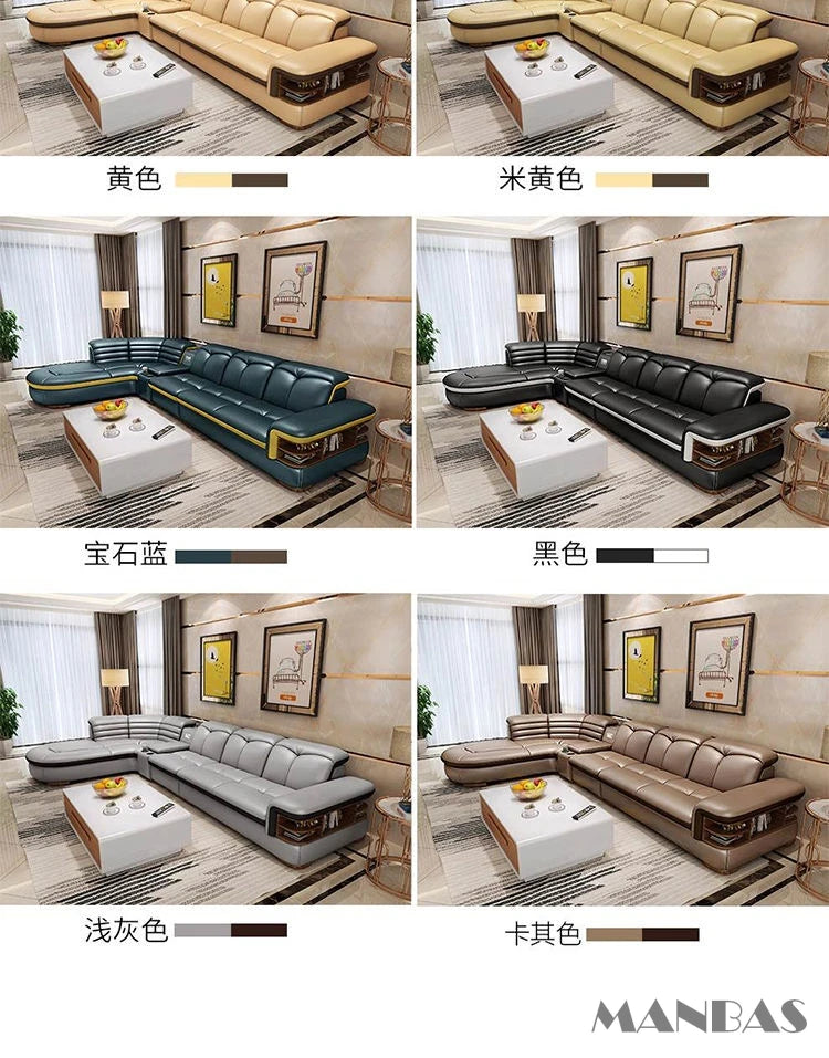 Luxury L-Shaped Genuine Leather Sectional Sofa Sets with USB, Bluetooth Speaker - MINGDIBAO Living Room Italian Leather Couches