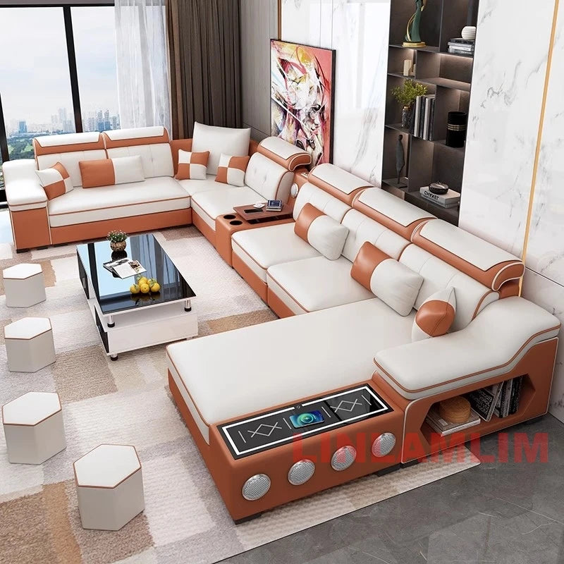 Modern Scientific Cloth Sectional Sofa Set with Chaise Lounge, Bluetooth Speakers, and USB Charging Ports for Living Room