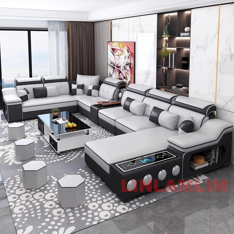 Modern Scientific Cloth Sectional Sofa Set with Chaise Lounge, Bluetooth Speakers, and USB Charging Ports for Living Room