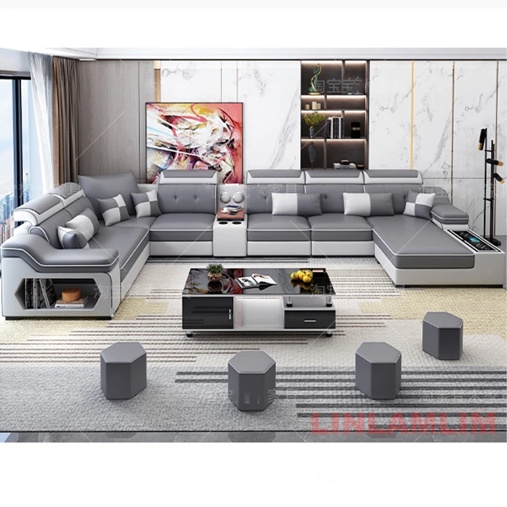 Modern Scientific Cloth Sectional Sofa Set with Chaise Lounge, Bluetooth Speakers, and USB Charging Ports for Living Room