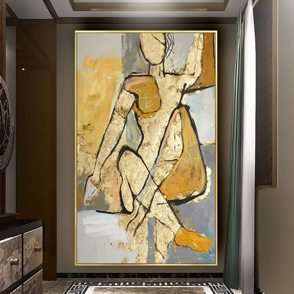 Golden Figure Outline 100% Hand Painted With Oil Large Modern Abstract Figures Wall Art