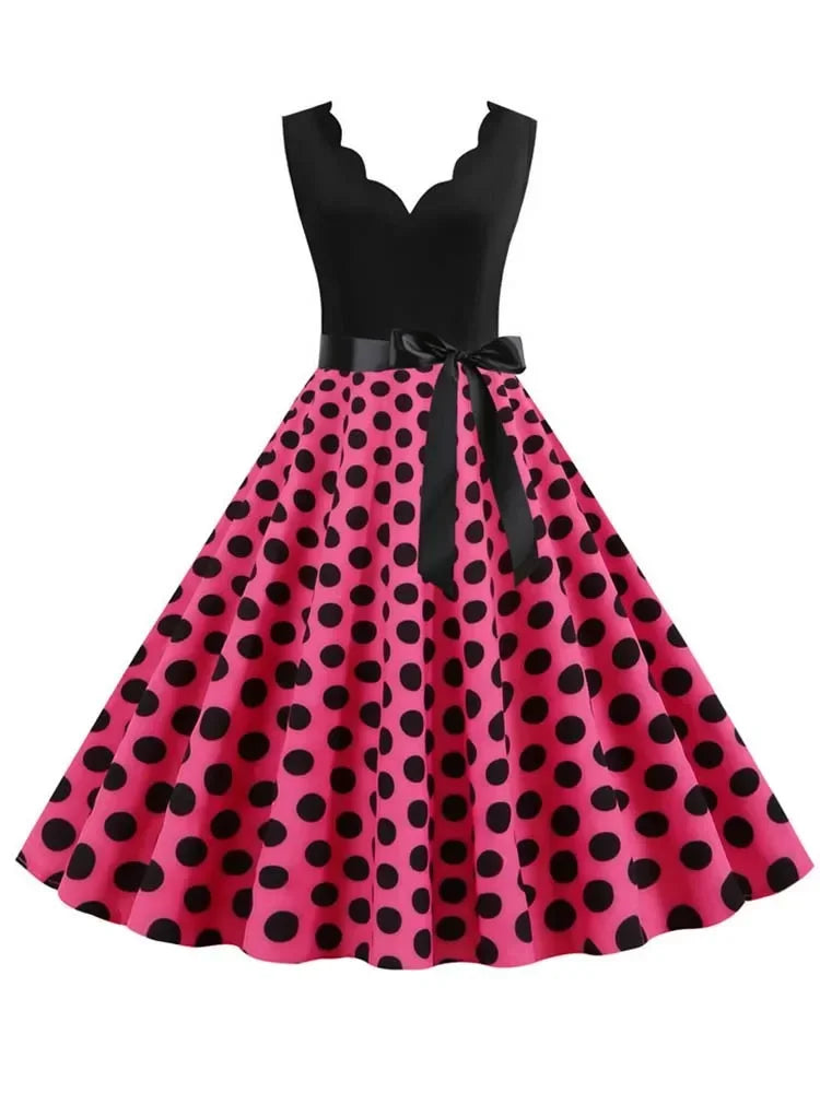 2025 New Vintage Polka Dot Print Women Summer Dress 50s Retro Patchwork Sleeveless V Neck Elegant Party Casual Robe Midi Dresses