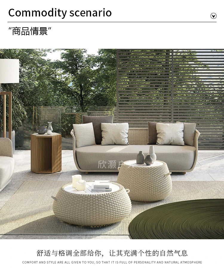 Outdoor Sofa Courtyard Villa Living Room. Waterproof Rope Design. Rattan Combination Furniture. Solid Wood Coffee Table.