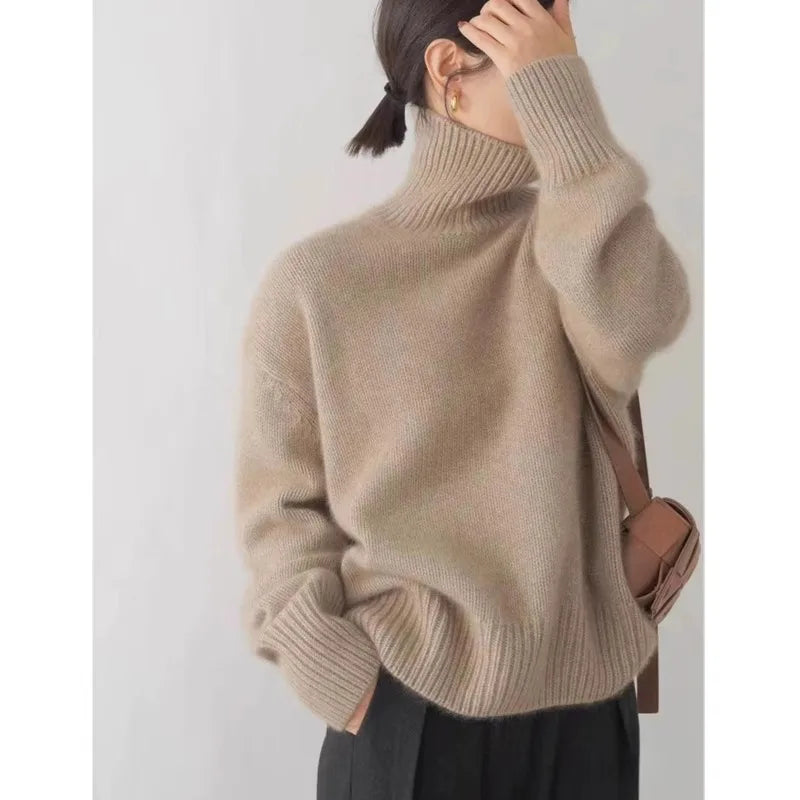 2025 Autumn and Winter New Thick Cashmere Sweater Women High Neck Pullover Sweater Warm Loose Knitted Base Sweater Jacket Tops