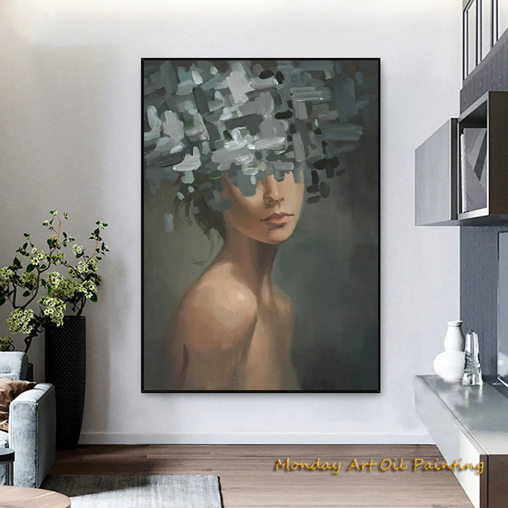 Hand Painted Abstract Woman Faceless Portrait Oil Painting Artwork Original Flower Figurative Art Home Decor
