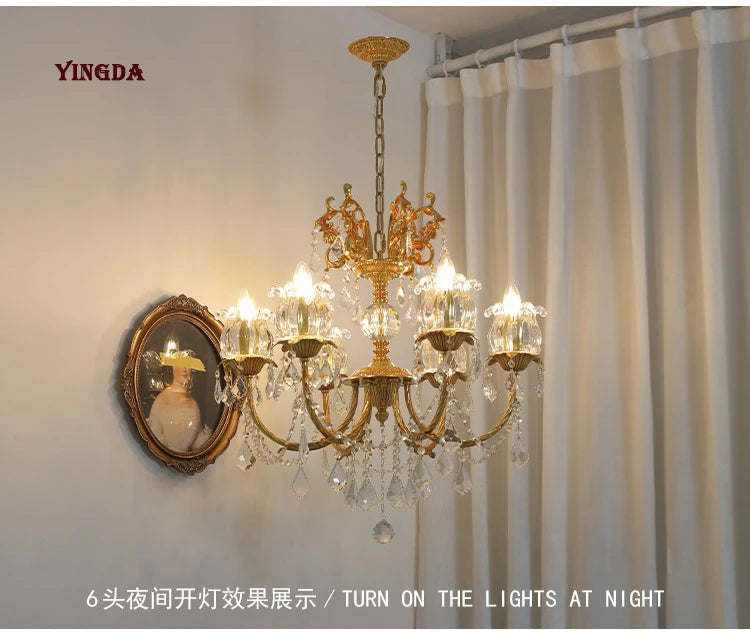 All Copper European Crystal Lamp, American Medieval Chandelier, French Living Room Lamp, Villa Classical Restaurant Lamp