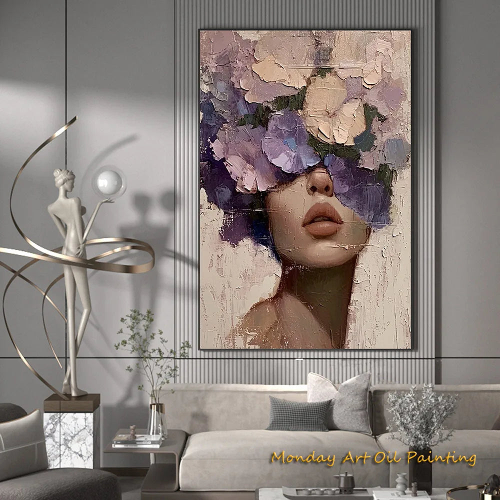 Hand Painted Abstract Woman Faceless Portrait Oil Painting Artwork Original Flower Figurative Art Home Decor