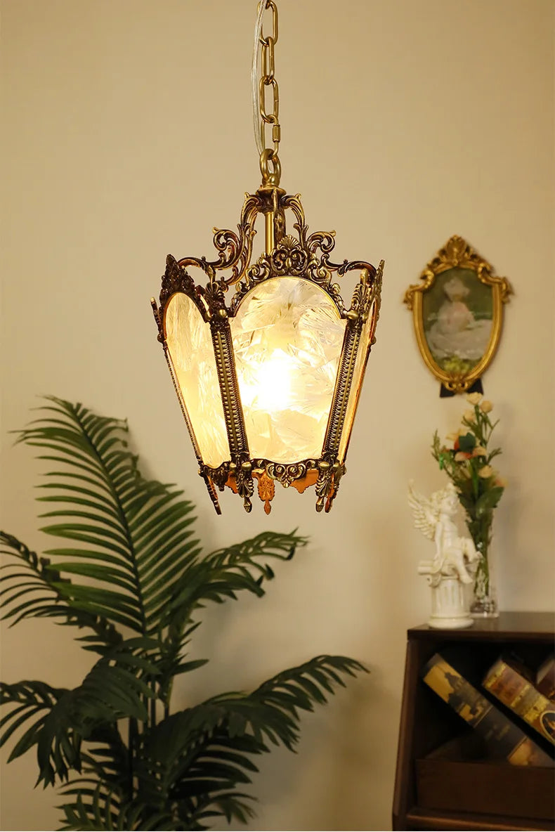 French-Style Retro Copper Ice Flower Glass Small Chandelier Bedside Balcony Porch Pendant Lighting Cloakroom Hanging Lamp