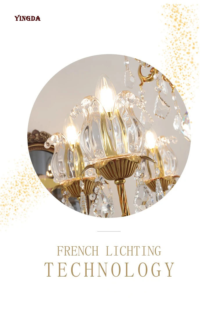 All Copper European Crystal Lamp, American Medieval Chandelier, French Living Room Lamp, Villa Classical Restaurant Lamp