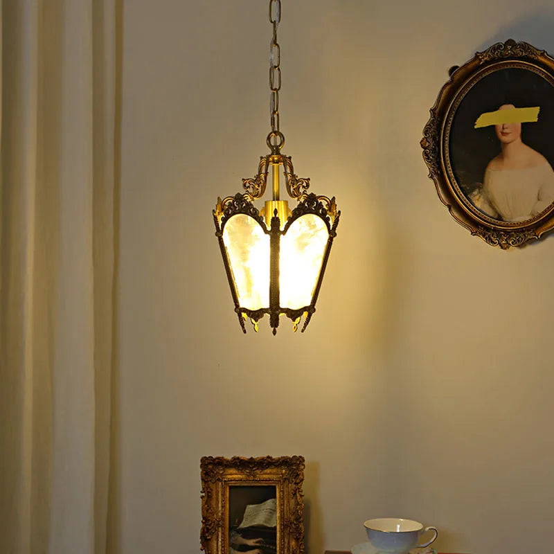 French-Style Retro Copper Ice Flower Glass Small Chandelier Bedside Balcony Porch Pendant Lighting Cloakroom Hanging Lamp
