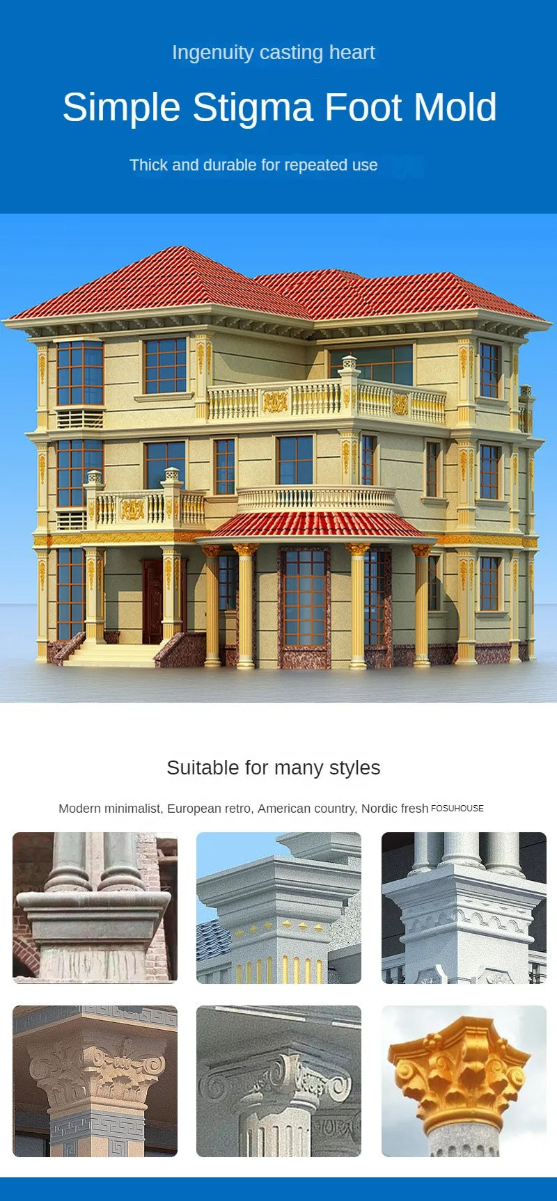 European Column Square Pier Column Head and Foot Mold for European Style Villa Gate Cast-in-place Cement Column Molds