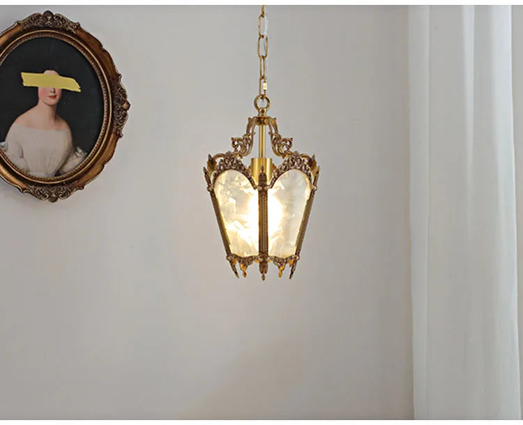 French-Style Retro Copper Ice Flower Glass Small Chandelier Bedside Balcony Porch Pendant Lighting Cloakroom Hanging Lamp