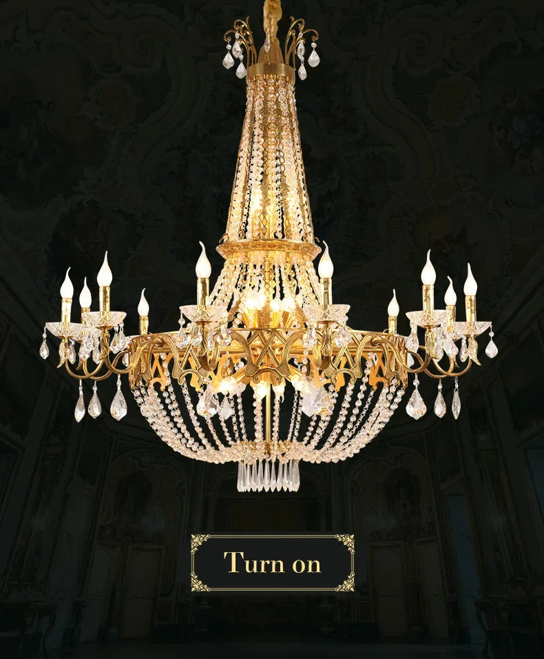 French Classical Brass Crystal Large Chandelier-Loft-Villa-Hall-Hotel Lobby Lamp