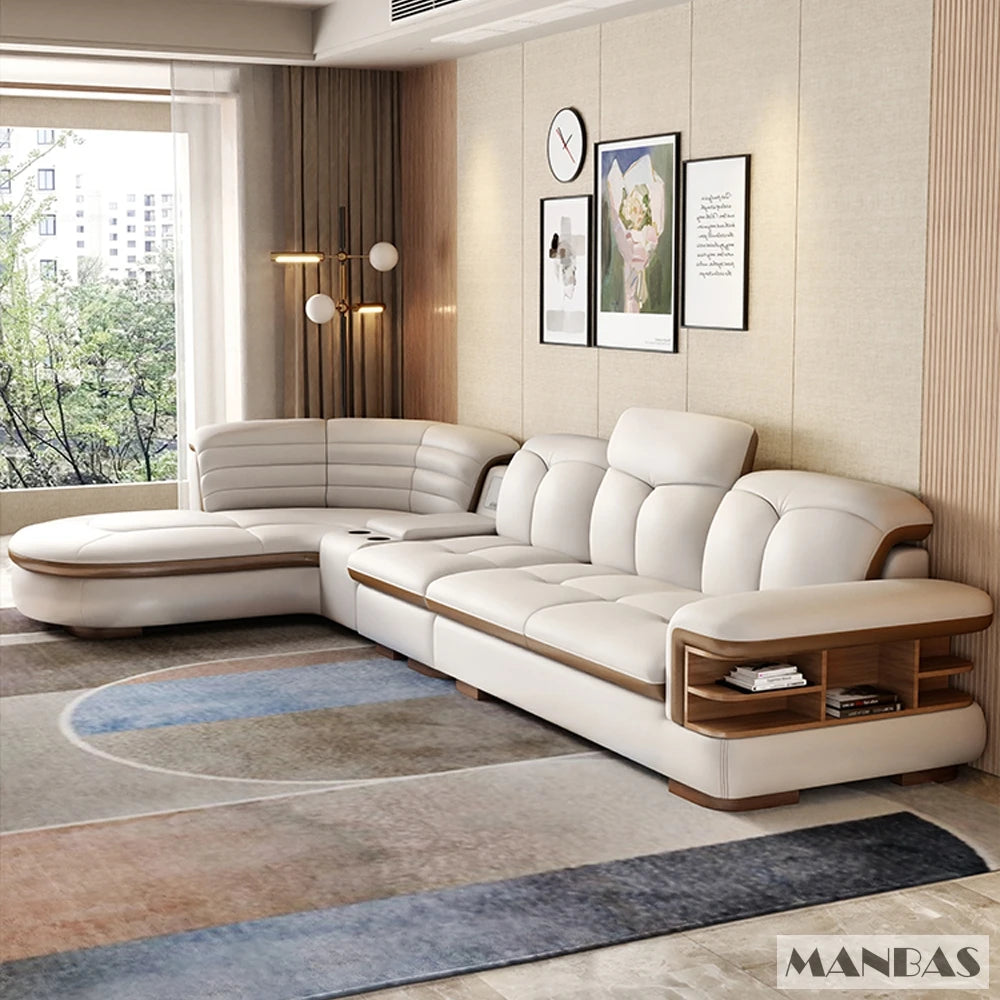 Luxury L-Shaped Genuine Leather Sectional Sofa Sets with USB, Bluetooth Speaker - MINGDIBAO Living Room Italian Leather Couches