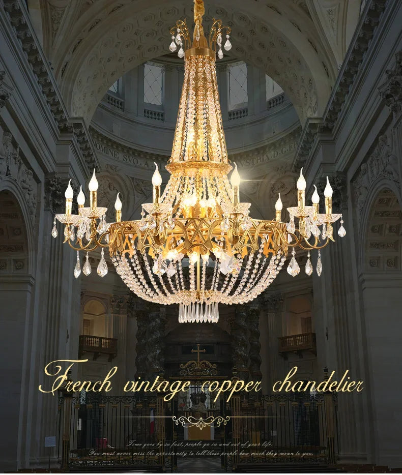 French Classical Brass Crystal Large Chandelier-Loft-Villa-Hall-Hotel Lobby Lamp