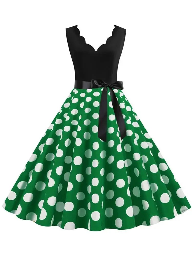 2025 New Vintage Polka Dot Print Women Summer Dress 50s Retro Patchwork Sleeveless V Neck Elegant Party Casual Robe Midi Dresses