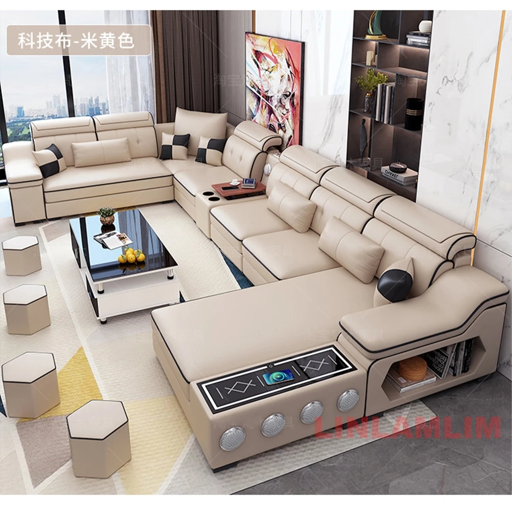 Modern Scientific Cloth Sectional Sofa Set with Chaise Lounge, Bluetooth Speakers, and USB Charging Ports for Living Room