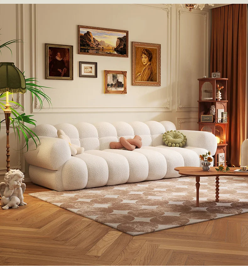 French retro green sofa, cotton candy, straight row cream style, small living room, piano keys, lamb plush sofa