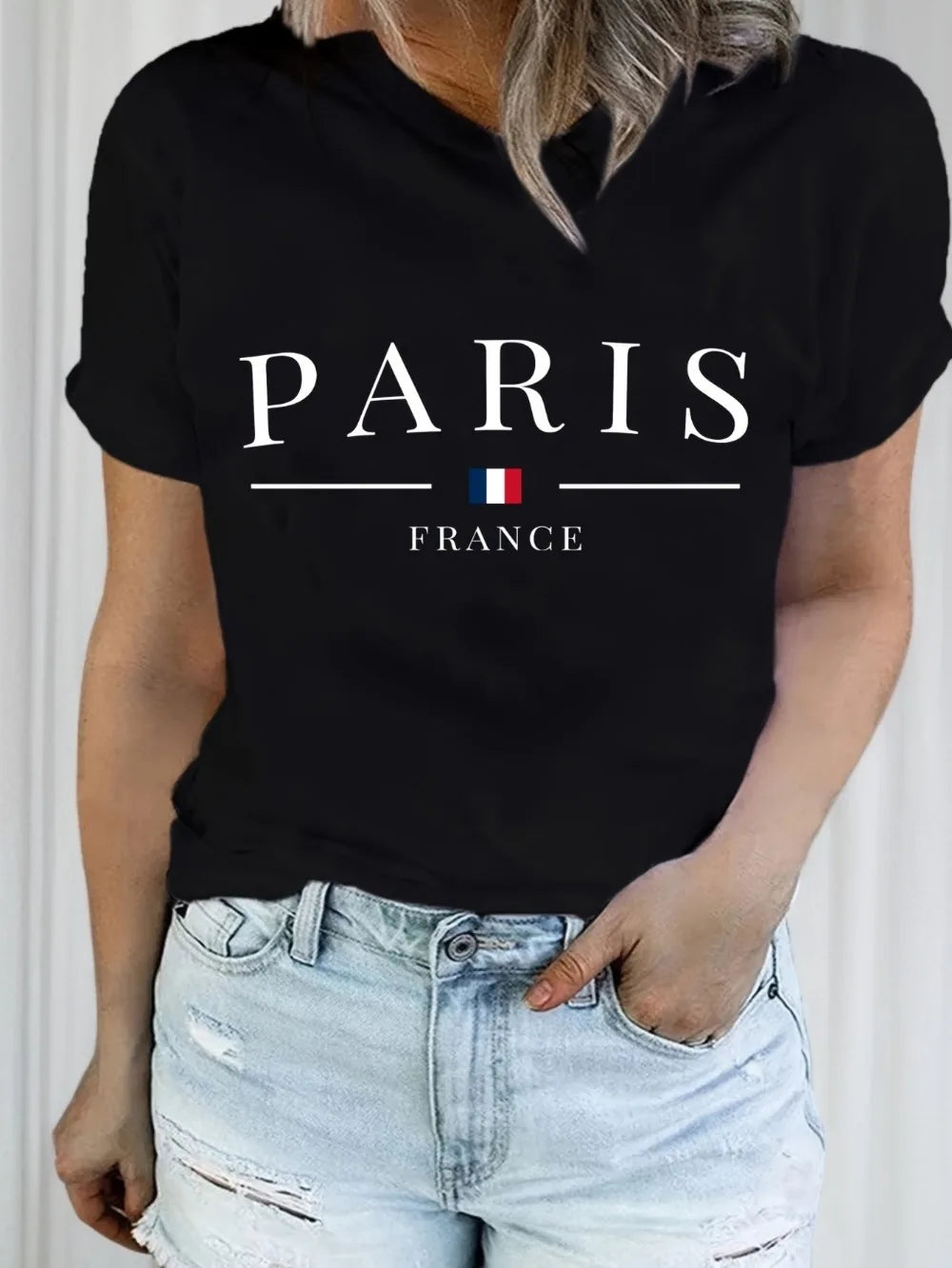PARIS France Casual Crew Neck T-Shirt - Geometric Pattern Regular Length
