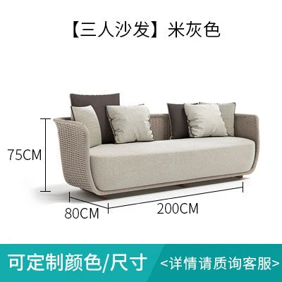 Outdoor Sofa Courtyard Villa Living Room. Waterproof Rope Design. Rattan Combination Furniture. Solid Wood Coffee Table.