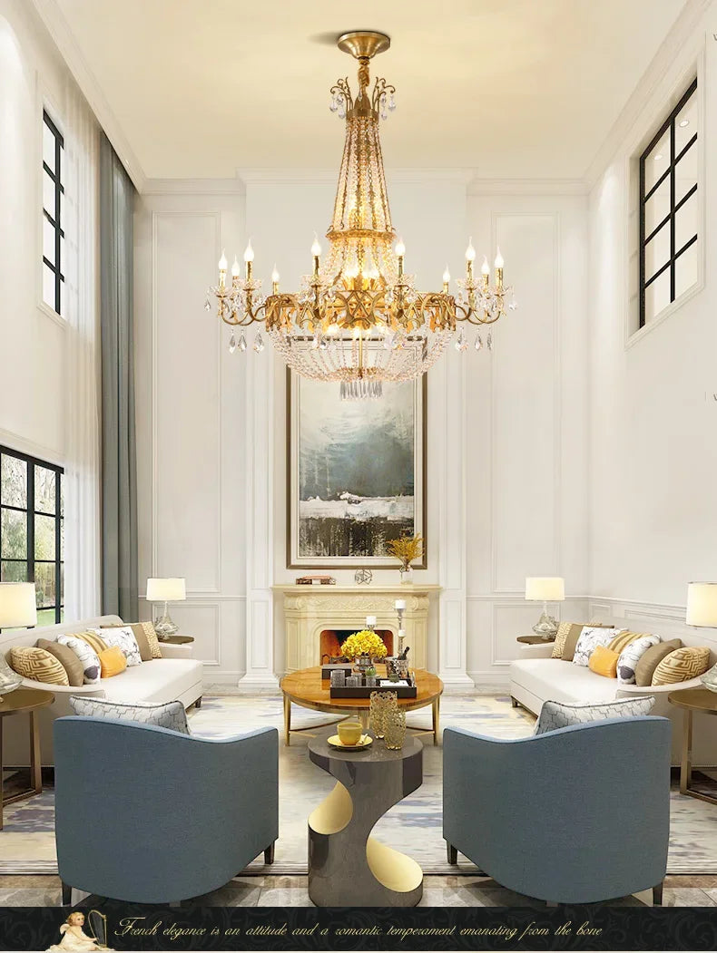 French Classical Brass Crystal Large Chandelier-Loft-Villa-Hall-Hotel Lobby Lamp
