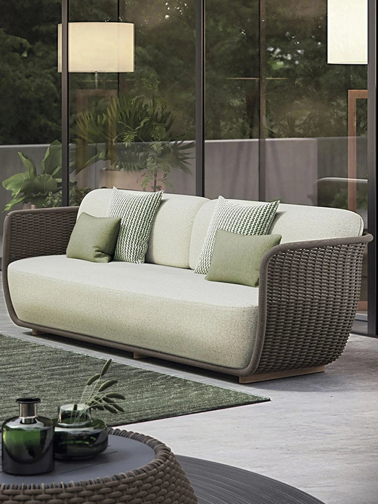 Outdoor Sofa Courtyard Villa Living Room. Waterproof Rope Design. Rattan Combination Furniture. Solid Wood Coffee Table.