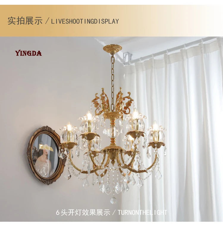 All Copper European Crystal Lamp, American Medieval Chandelier, French Living Room Lamp, Villa Classical Restaurant Lamp