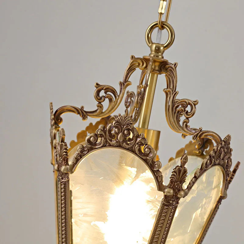 French-Style Retro Copper Ice Flower Glass Small Chandelier Bedside Balcony Porch Pendant Lighting Cloakroom Hanging Lamp