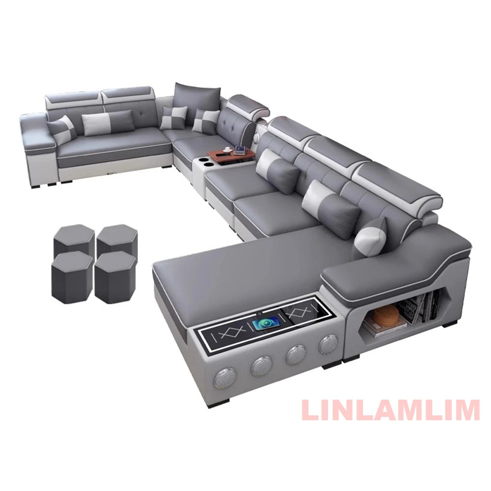 Modern Scientific Cloth Sectional Sofa Set with Chaise Lounge, Bluetooth Speakers, and USB Charging Ports for Living Room