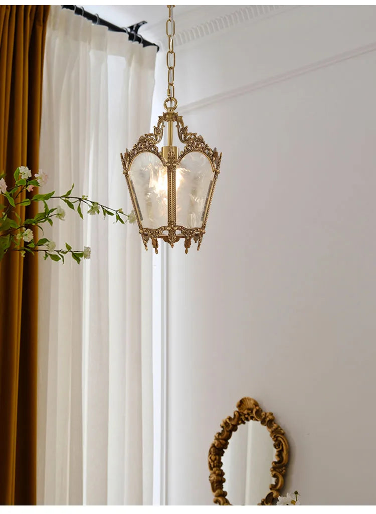 French-Style Retro Copper Ice Flower Glass Small Chandelier Bedside Balcony Porch Pendant Lighting Cloakroom Hanging Lamp