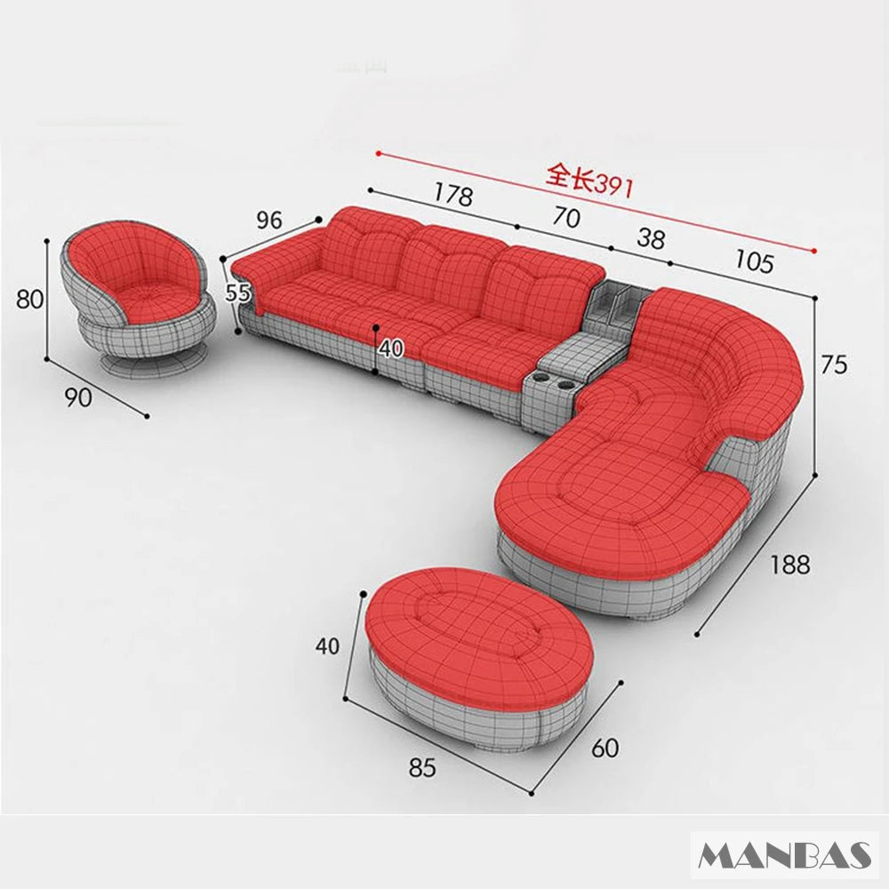 Luxury L-Shaped Genuine Leather Sectional Sofa Sets with USB, Bluetooth Speaker - MINGDIBAO Living Room Italian Leather Couches