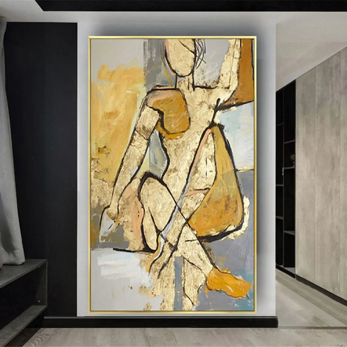 Golden Figure Outline 100% Hand Painted With Oil Large Modern Abstract Figures Wall Art