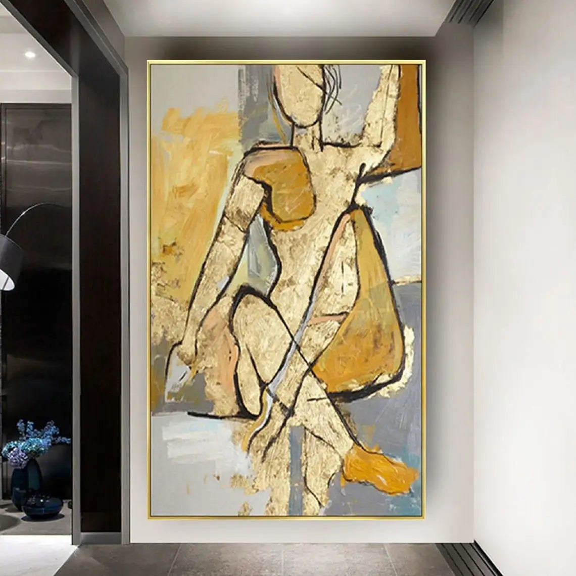 Golden Figure Outline 100% Hand Painted With Oil Large Modern Abstract Figures Wall Art
