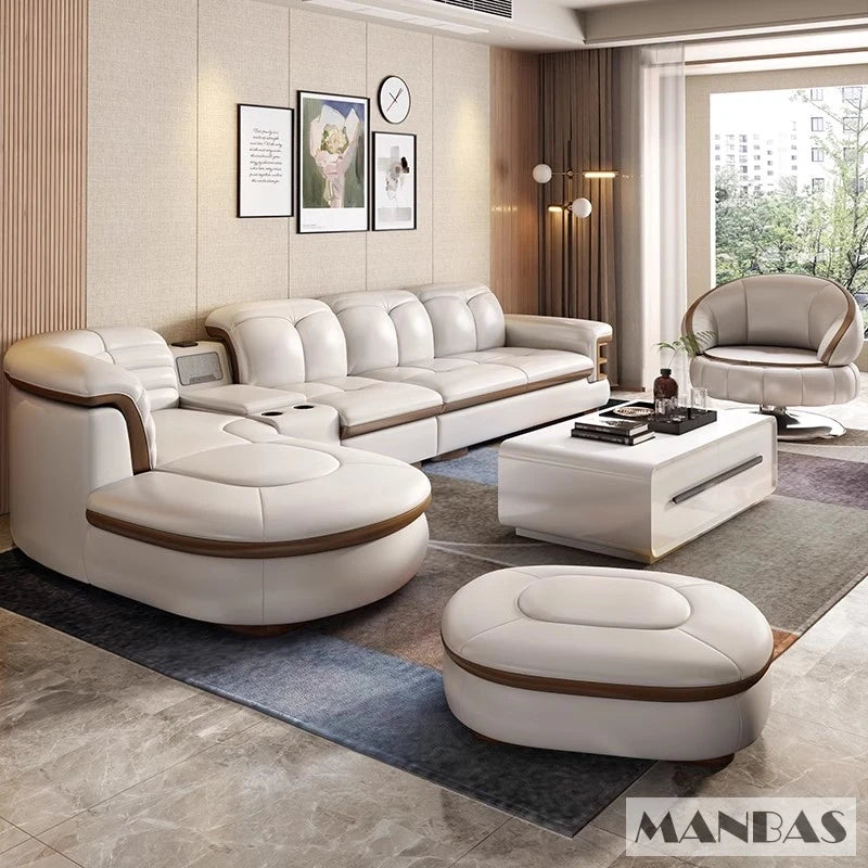 Luxury L-Shaped Genuine Leather Sectional Sofa Sets with USB, Bluetooth Speaker - MINGDIBAO Living Room Italian Leather Couches