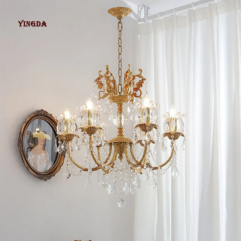 All Copper European Crystal Lamp, American Medieval Chandelier, French Living Room Lamp, Villa Classical Restaurant Lamp