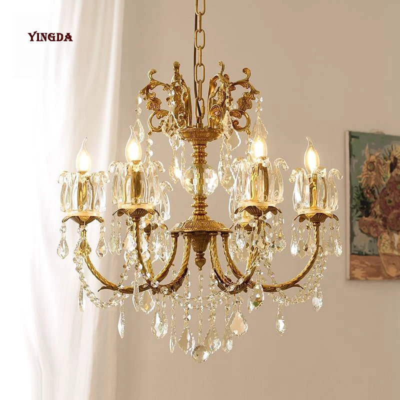 All Copper European Crystal Lamp, American Medieval Chandelier, French Living Room Lamp, Villa Classical Restaurant Lamp
